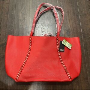 BADGLEY MISHCKA MSRP $139 Vegan Leather Red Decorative Chain Tote Super Spacious